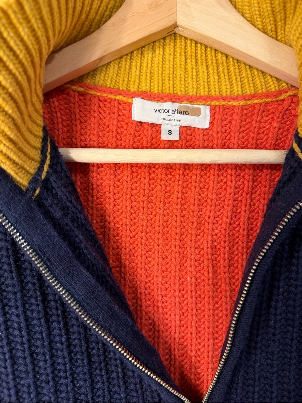 Victor Alfaro Navy, Orange & Yellow Ribbed Half-Zip Turtleneck Sweater - Picture 3 of 7
